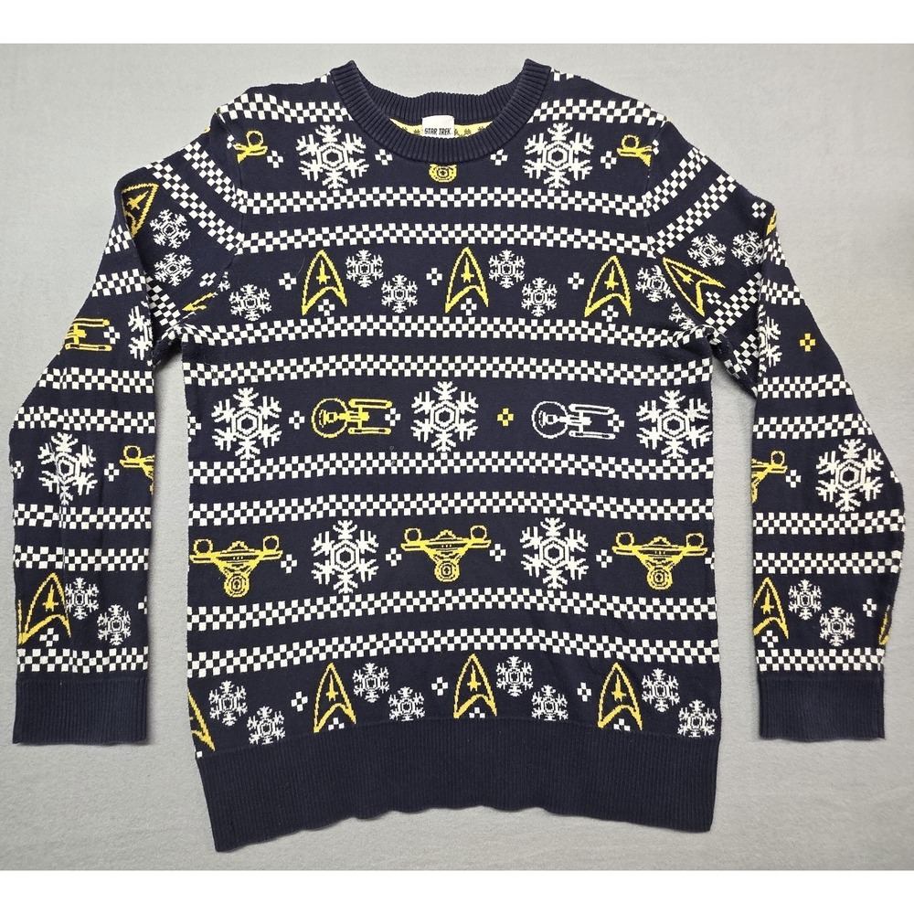 Star Trek Men's Navy Blue Fair‎ Isle Knit Long Sleeve Crew Sweater Top One Size